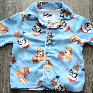 Blue Kids Pajama Top with Holiday Puppy Print - BuVy